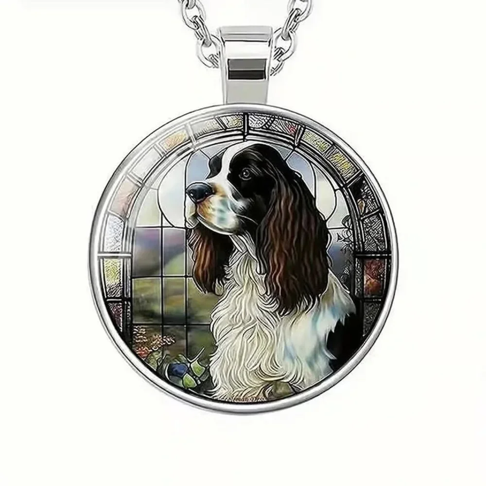 Silver SPANIEL Dog Glass Cabochon Pendant Necklace